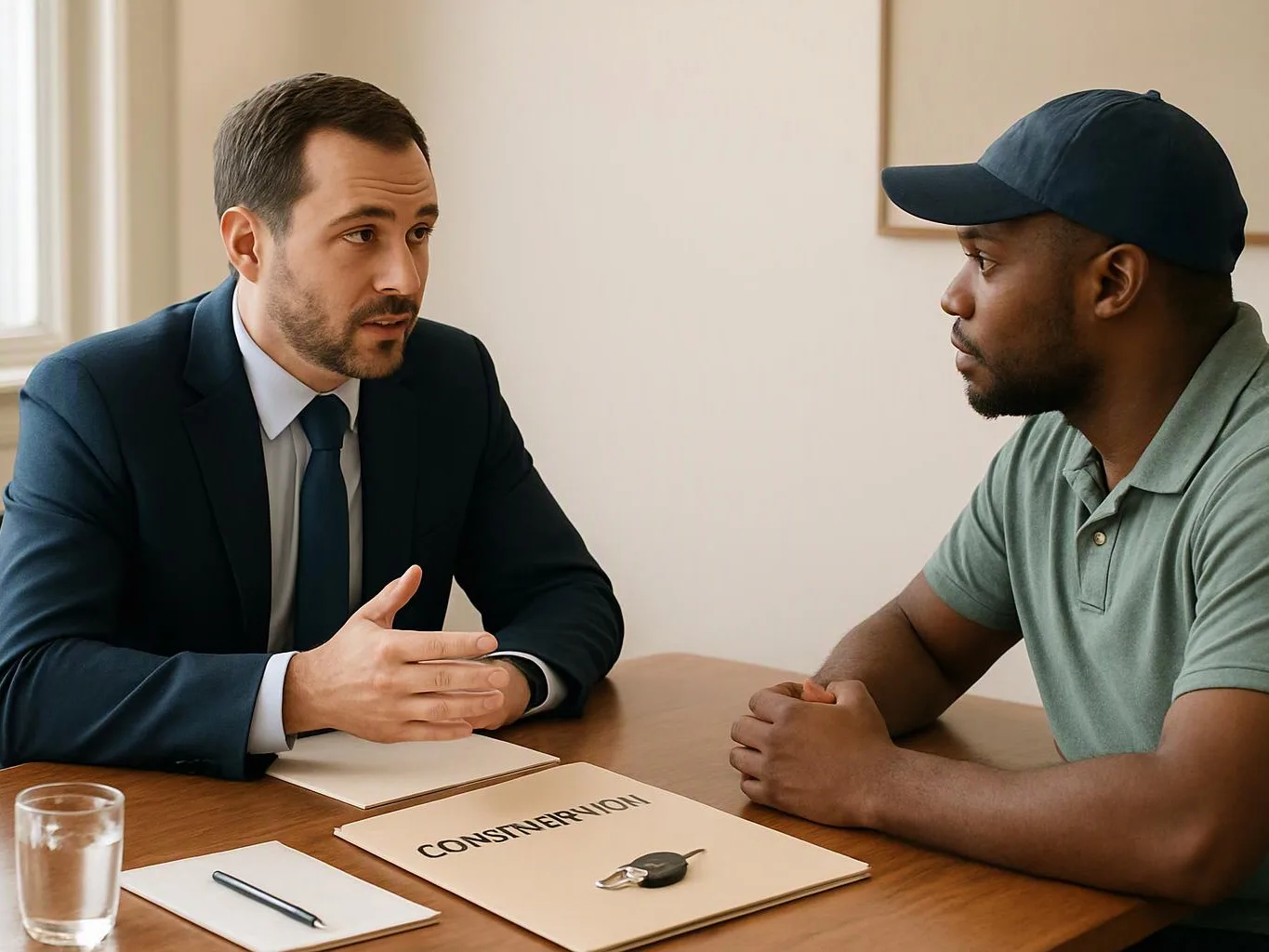 Two men sit at a table, talking across a folder marked “CONSERVATION” with a key on top