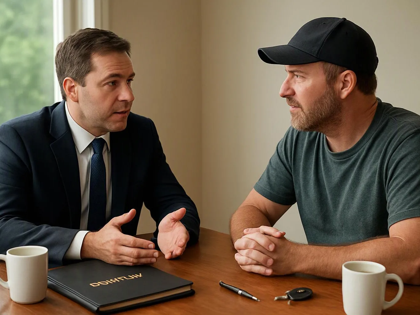 Two men sit at a wooden table in a plain room, talking across coffee mugs and a notebook