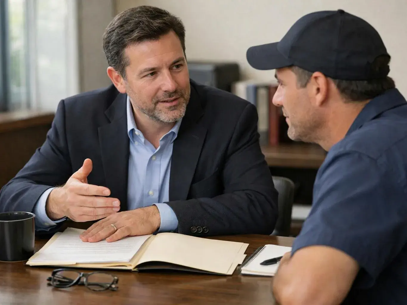 Two men talk across a table, one gesturing over an open notebook in a bright office