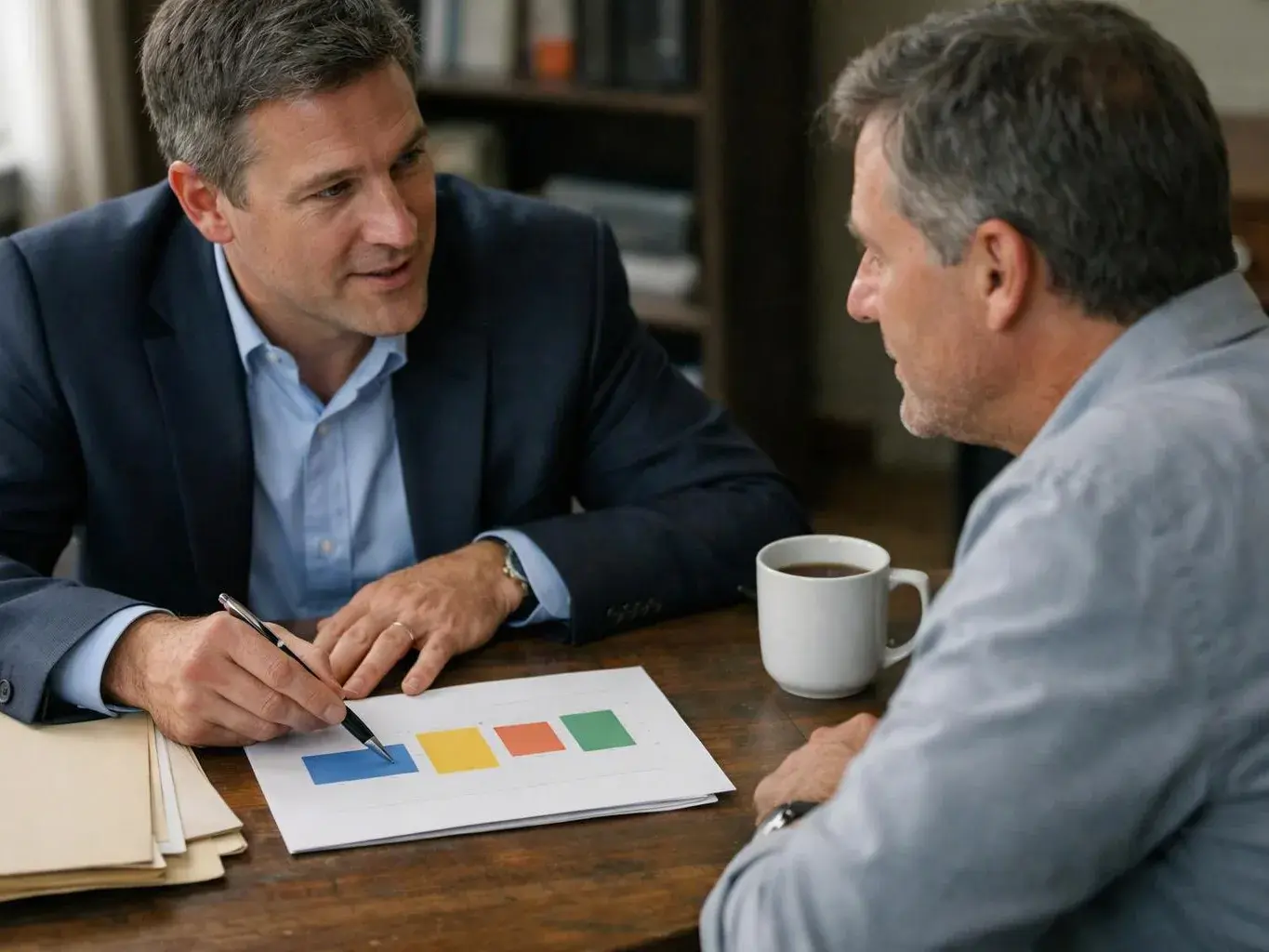 Two men talk at a wooden table while one points at colored blocks on a paper beside a coffee mug