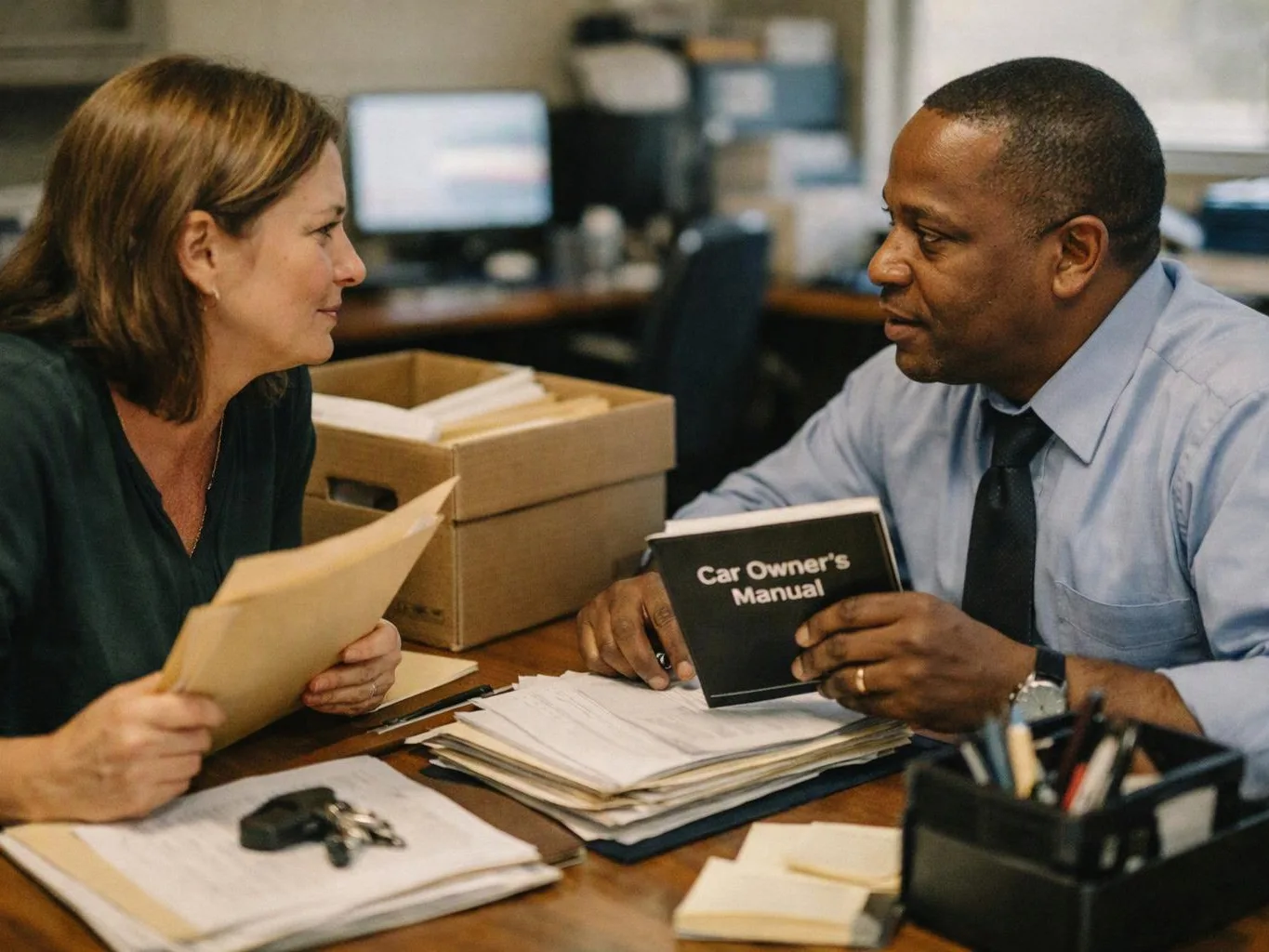 Two office workers face each other across a desk, reviewing papers and a car owner's manual