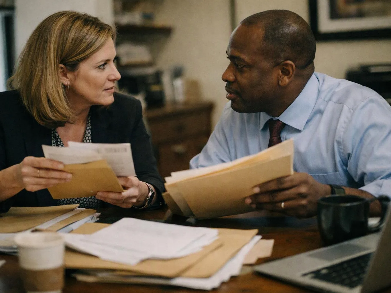 Two office workers lean across a desk, reviewing papers and talking over folders in a meeting room