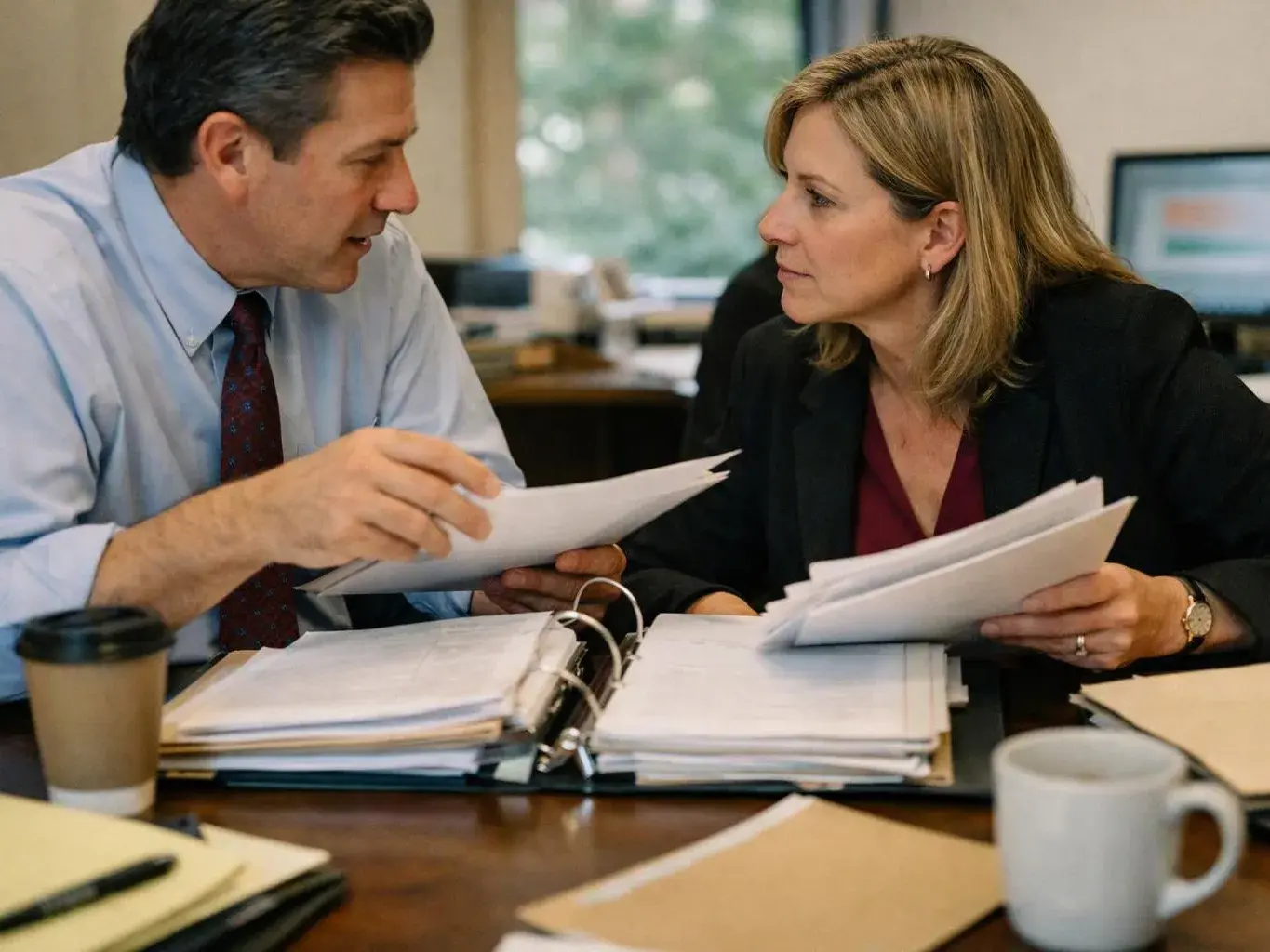 Two office workers review stacks of papers across a desk in a meeting room