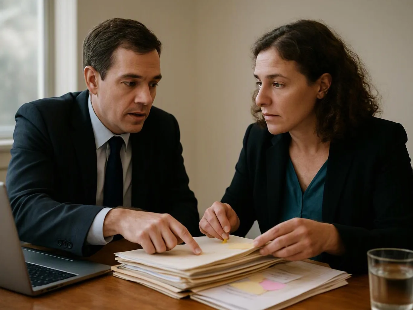 Two people in business clothes review a stack of papers at a wooden table beside a laptop and glass of water