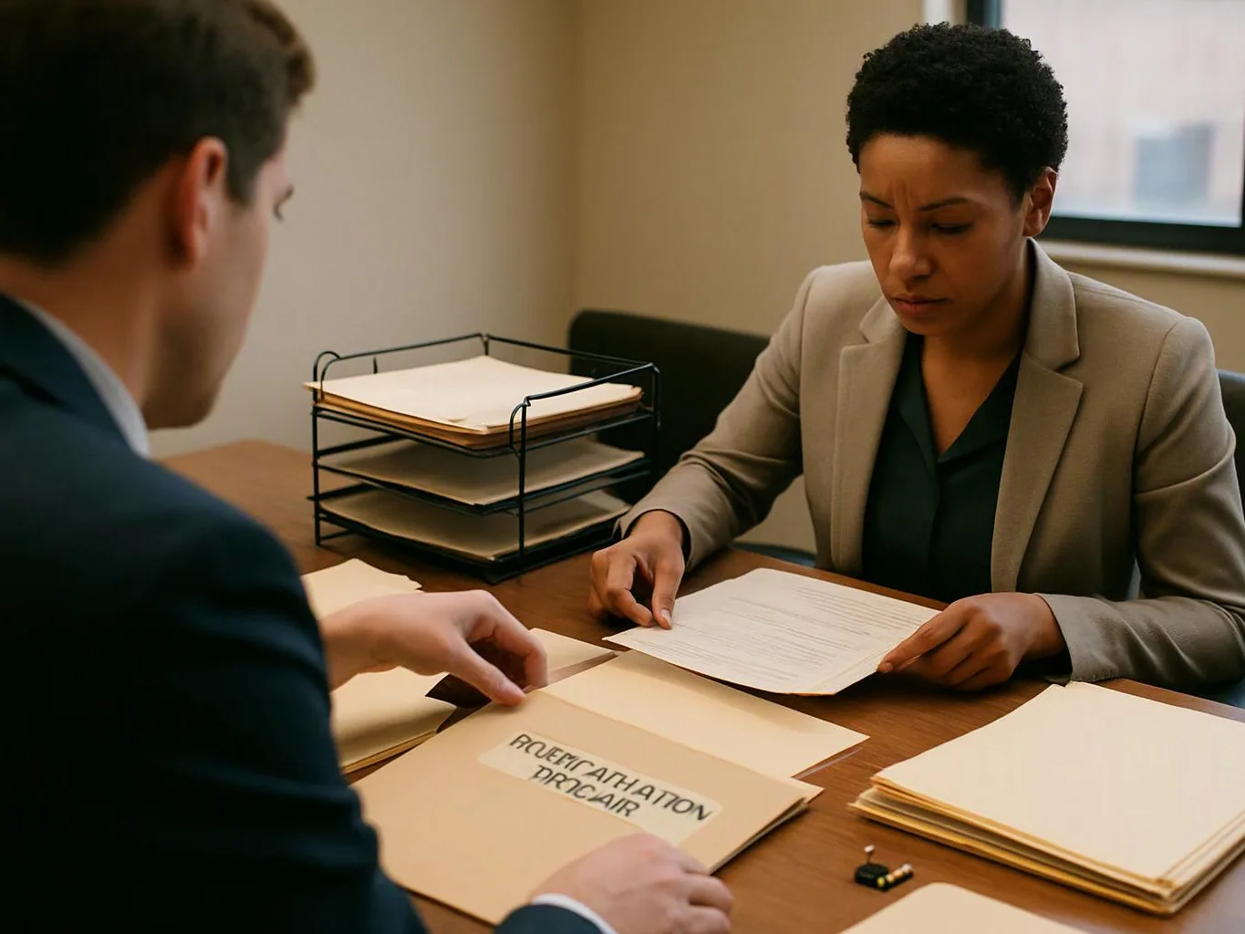 Two people review paperwork across a desk, with file trays and stacks of folders in a plain office