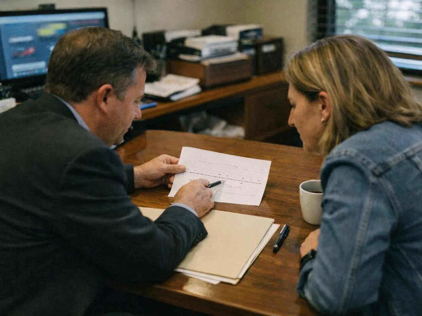 Two people review a printed chart at a desk in an office, with a computer and mug nearby