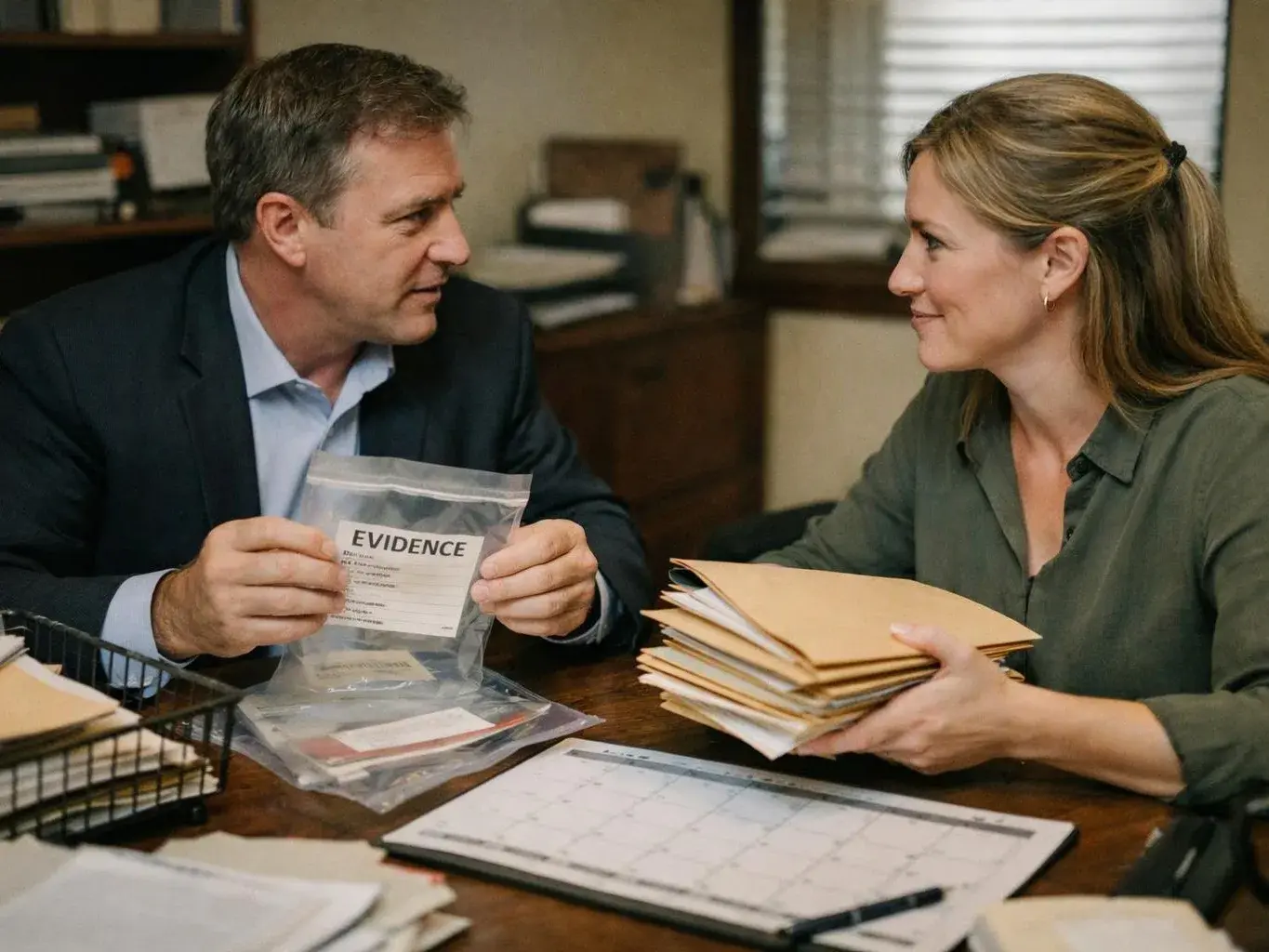 Two people sit at a desk, one holding an evidence bag and the other carrying a stack of folders in an office
