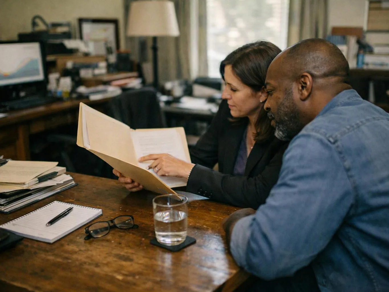 Two people sit at a desk and review papers in a cluttered office with a laptop and lamp