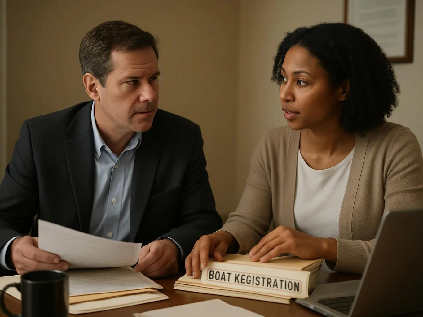 Two people sit at a desk reviewing paperwork beside a folder labeled “BOAT KEGISTRATION”