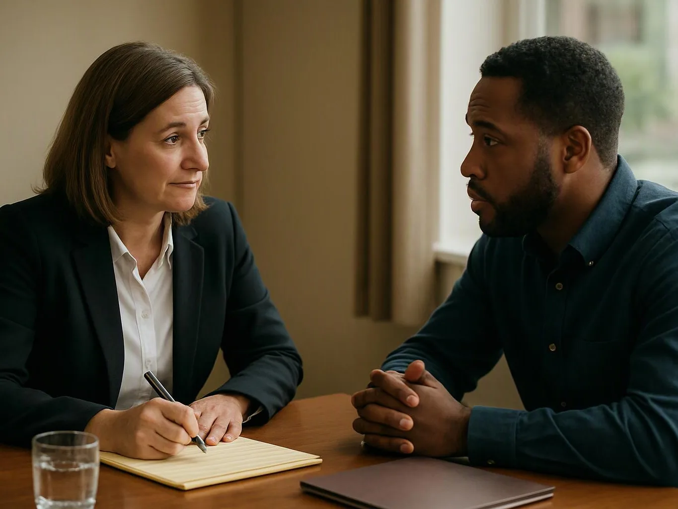 Two people sit at a table, one taking notes while they talk in a quiet office room