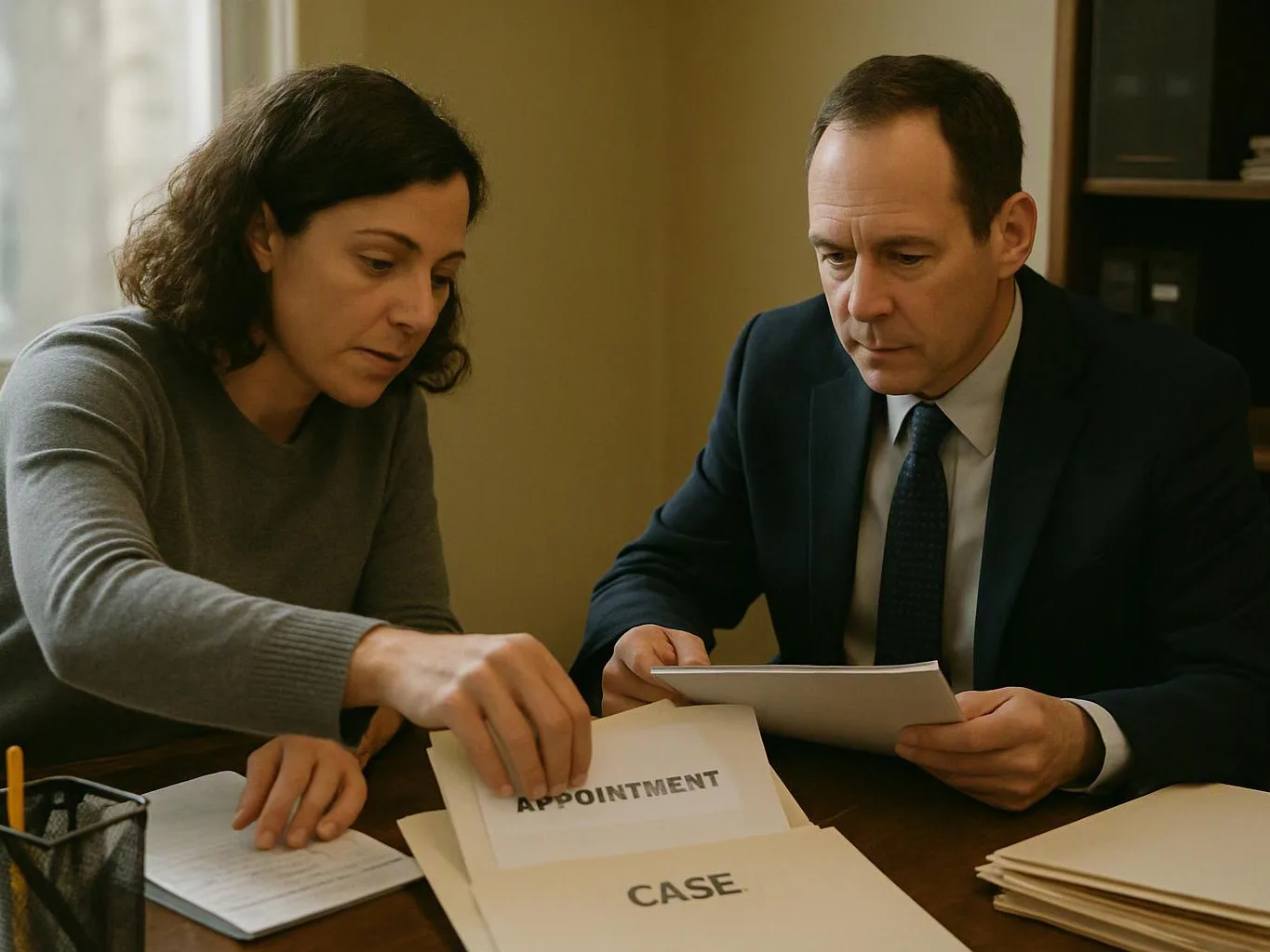 Two people sit at a table, sorting papers and reading documents in a quiet office setting