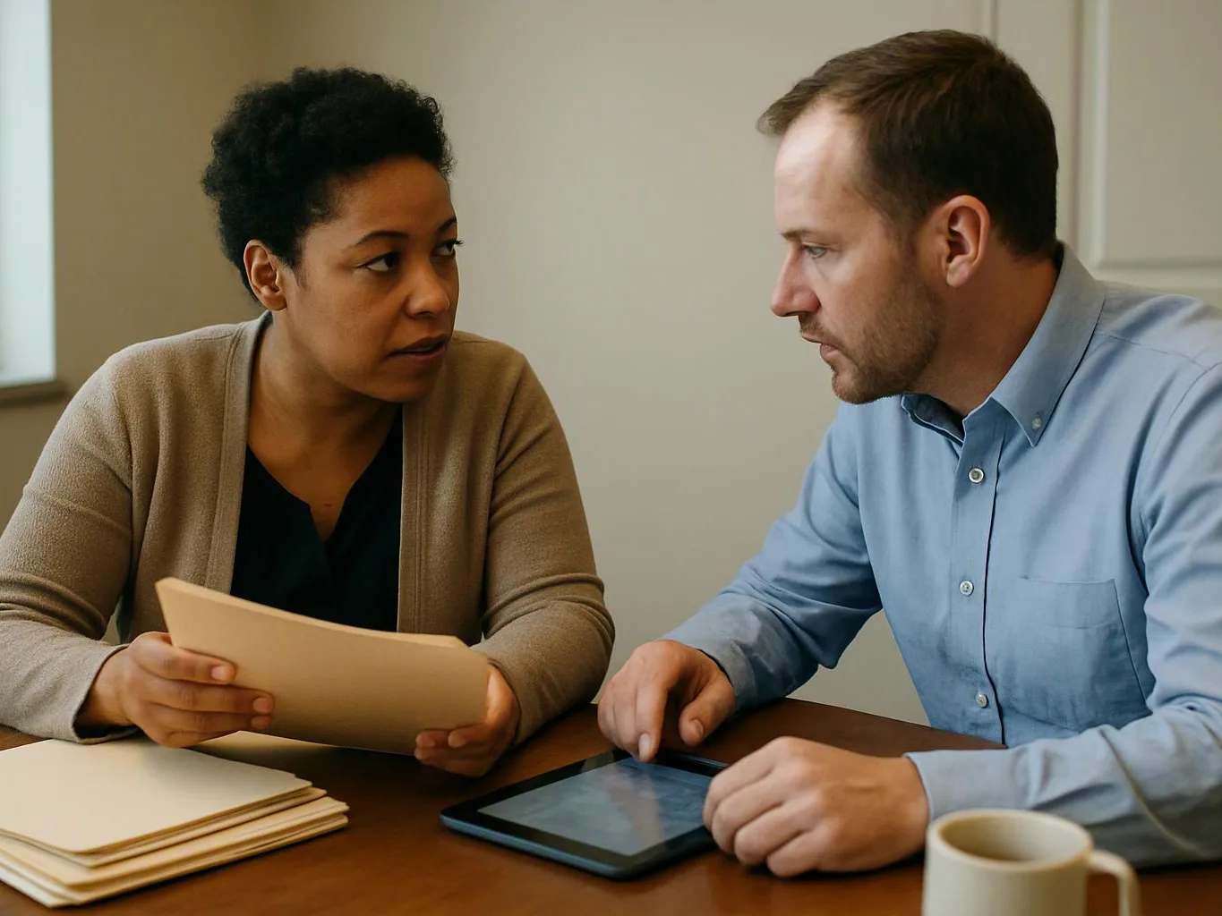 Two people sit at a table, studying papers and a tablet while talking in a plain office room