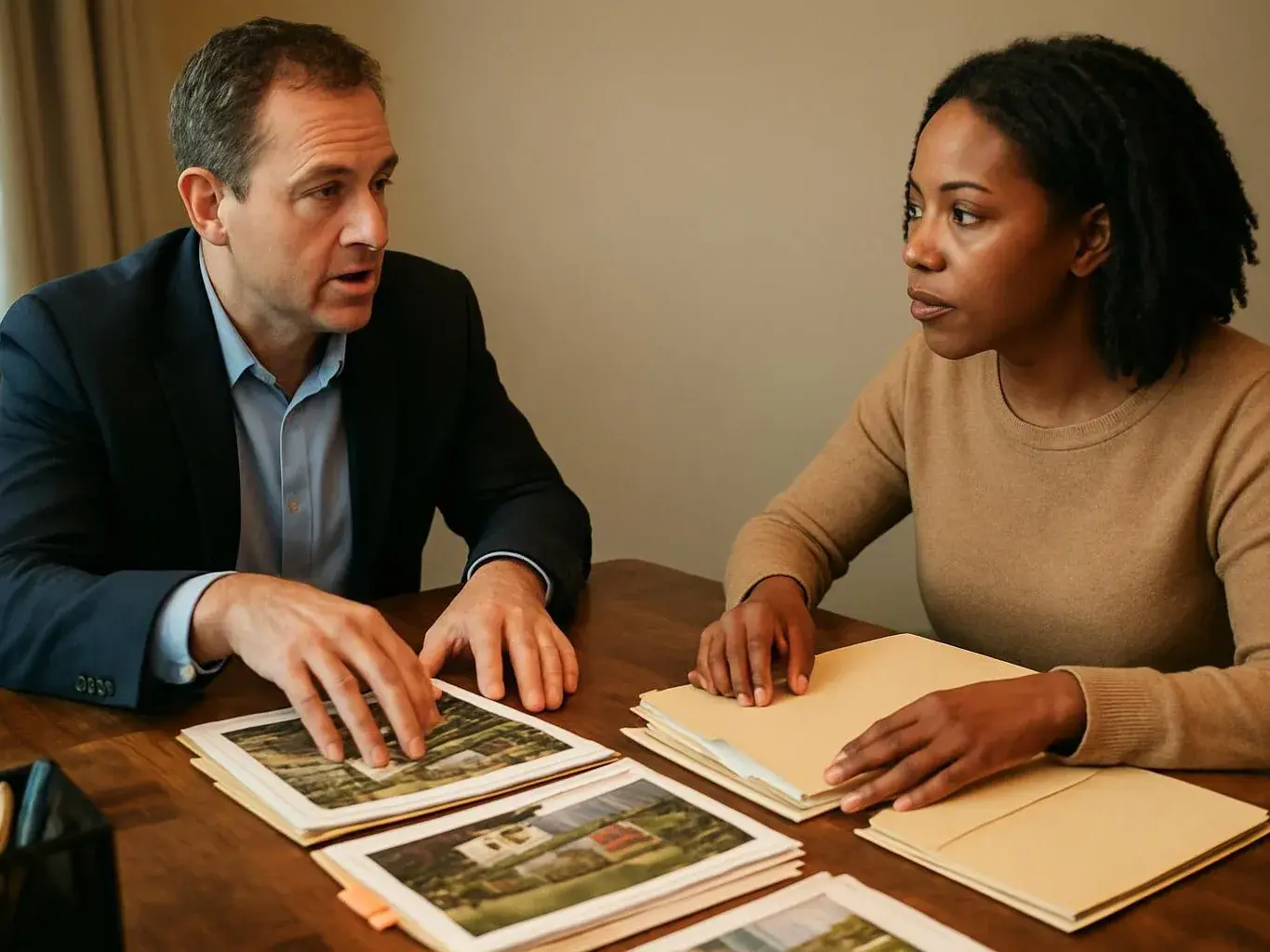 Two people sit at a wooden table, talking over printed photos and stacks of folders