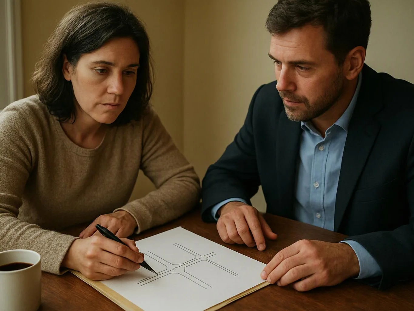 Two people study a paper plan at a wooden table, with a coffee mug beside them