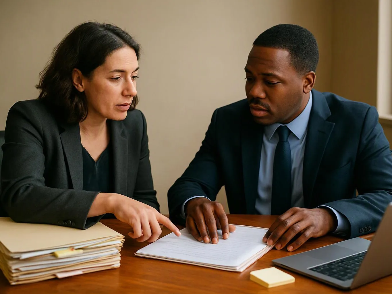 Two people in suits review papers at a wooden table, with a laptop and stacked files nearby