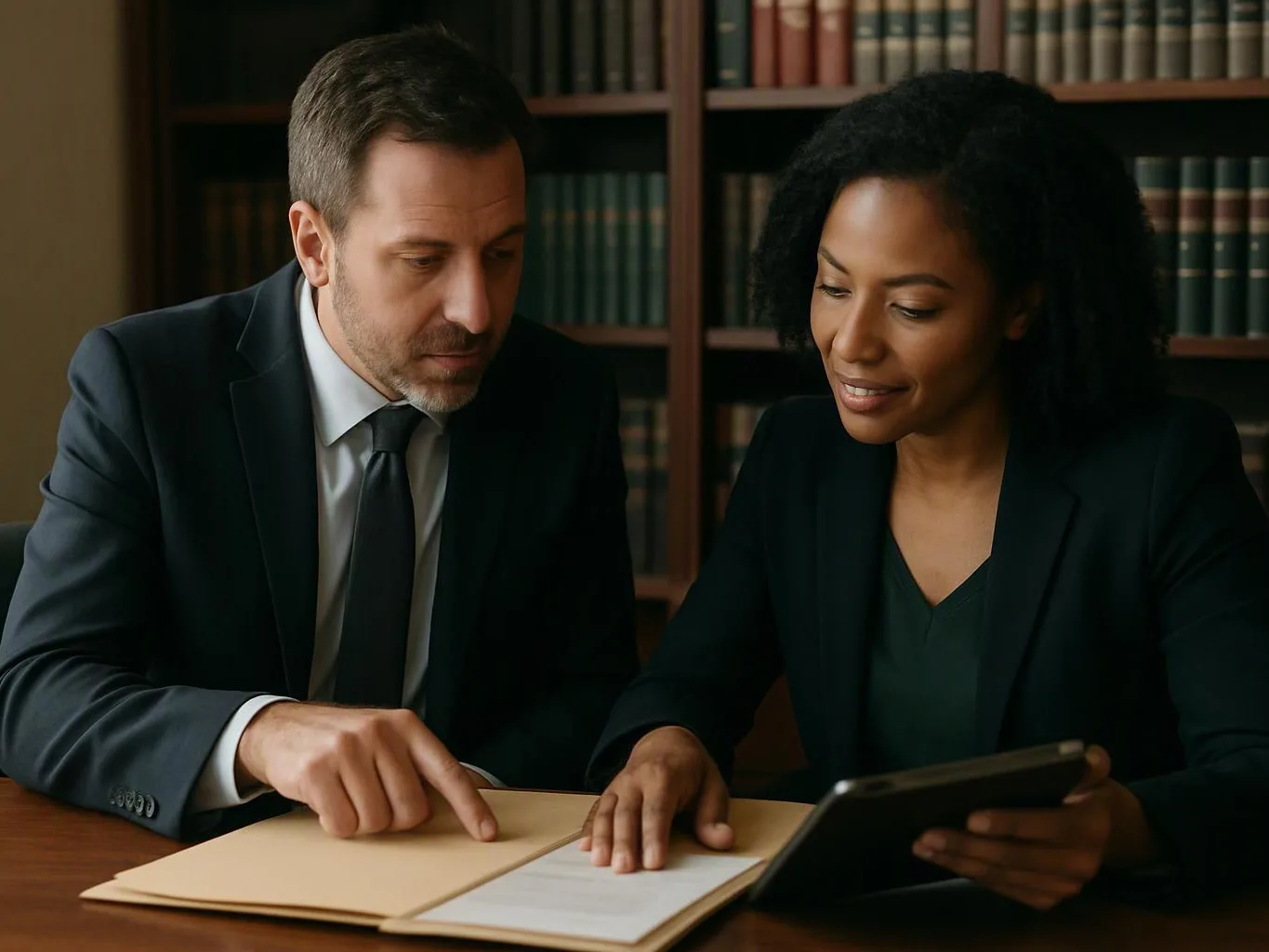 Two professionals review papers together at a wooden table in a book-lined office