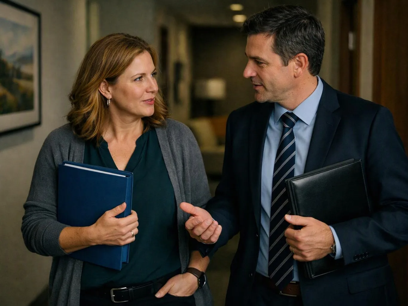 Two professionals walk down a hallway, talking while each holds a folder or binder