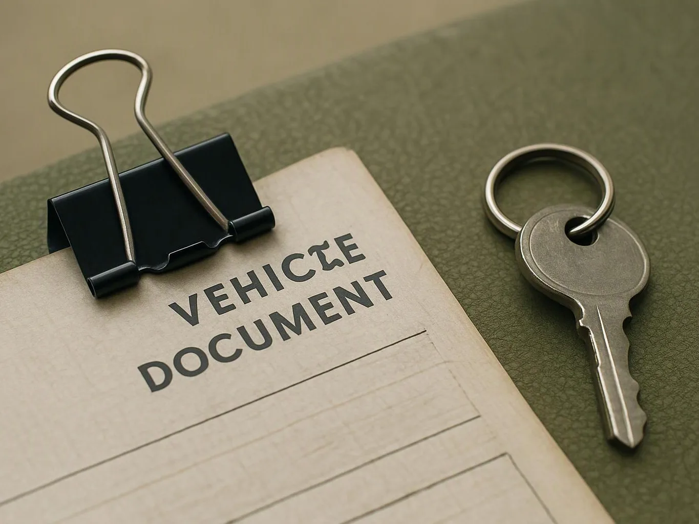 A vehicle document clipped to a green surface sits beside a metal key