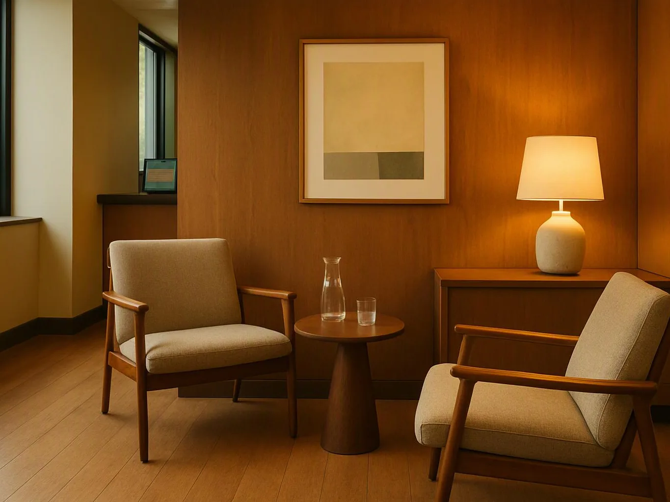 A warm sitting area shows two beige chairs, a small table, a lamp, and framed wall art