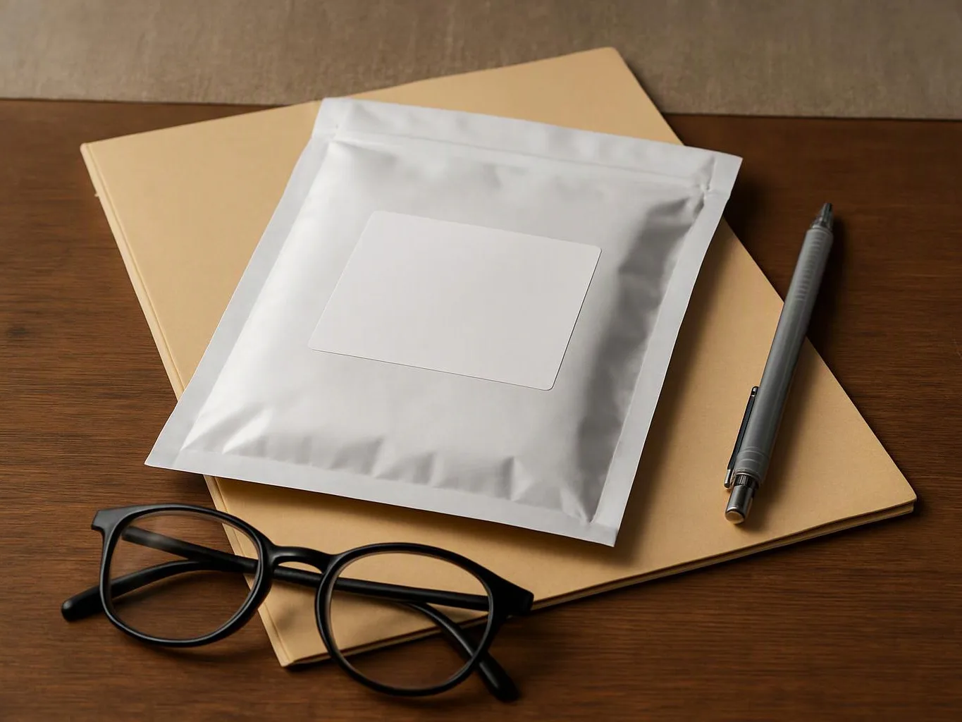 A white padded mailer lies on tan folders beside a pen and black eyeglasses on a wooden desk