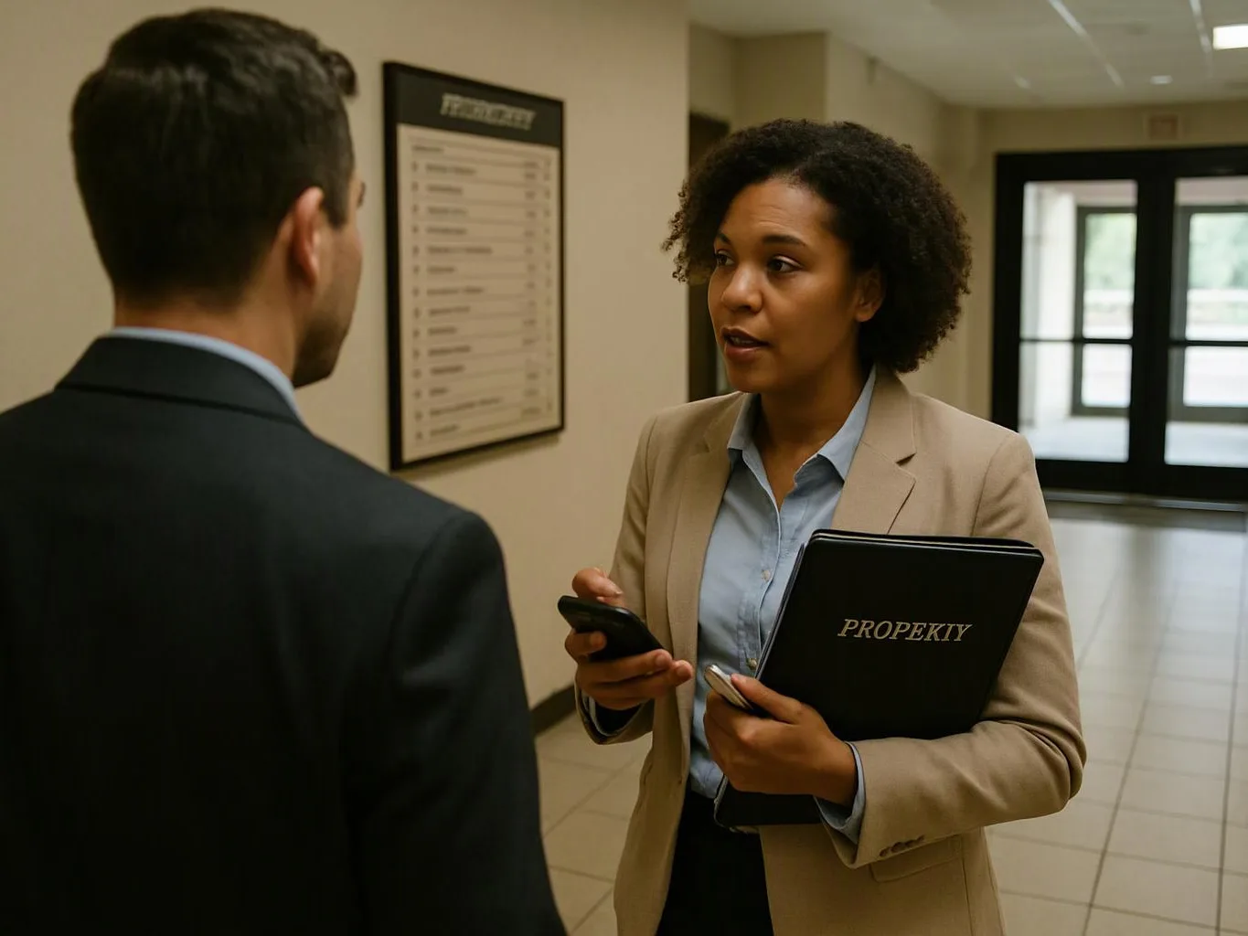 A woman in a blazer speaks with a man in a hallway while holding a phone and folder