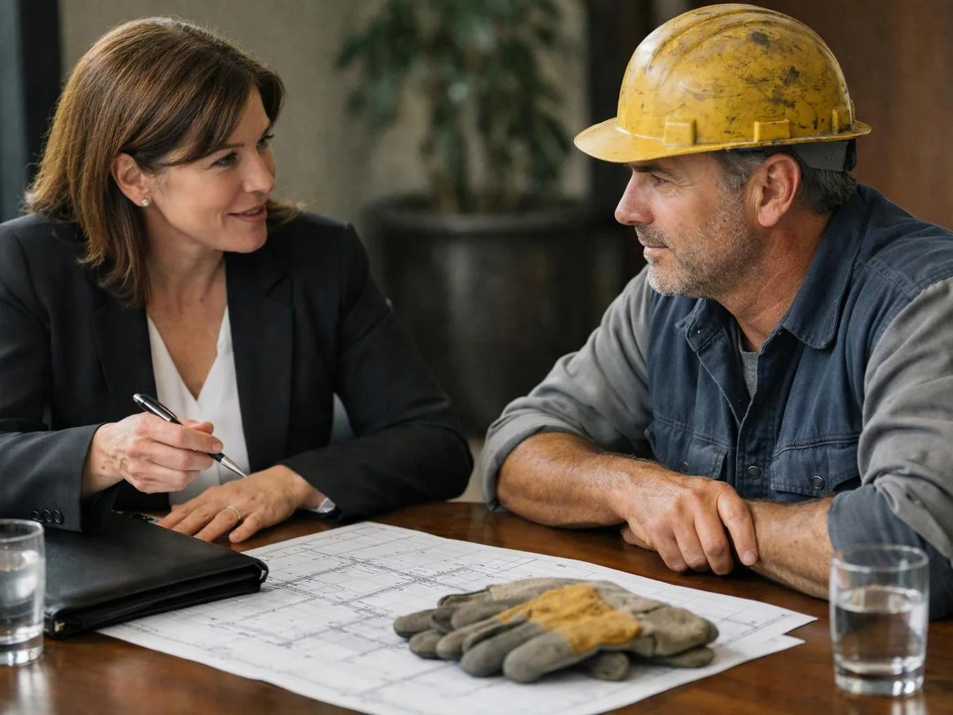 A woman in a blazer talks with a man in a yellow hard hat over blueprints at a table