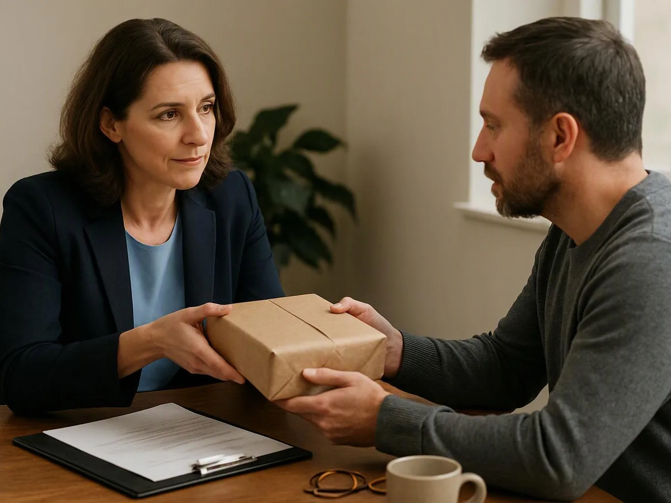 A woman hands a wrapped package to a man across a table in a bright room