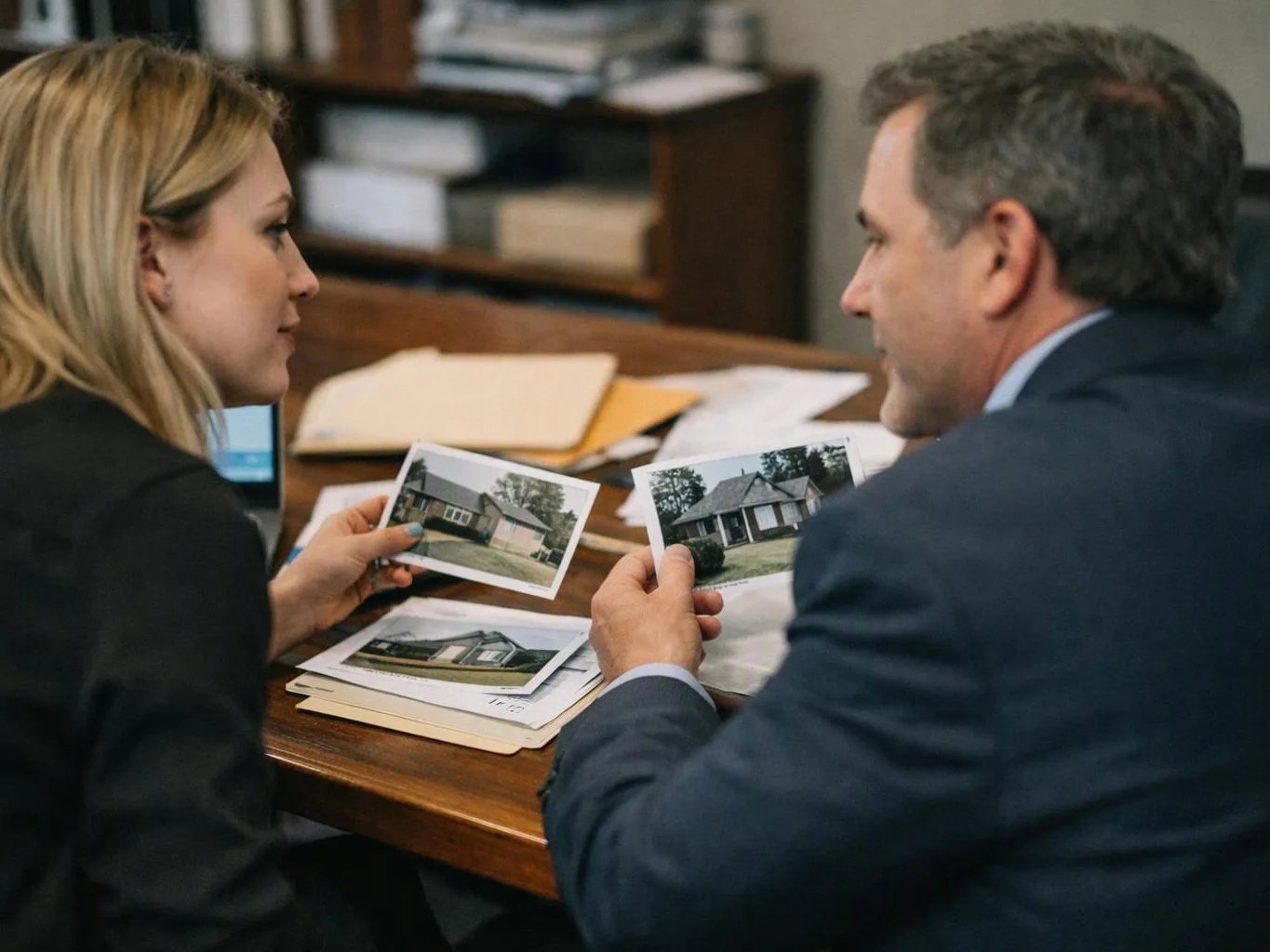 A woman and man in suits review printed house photos across a desk in an office