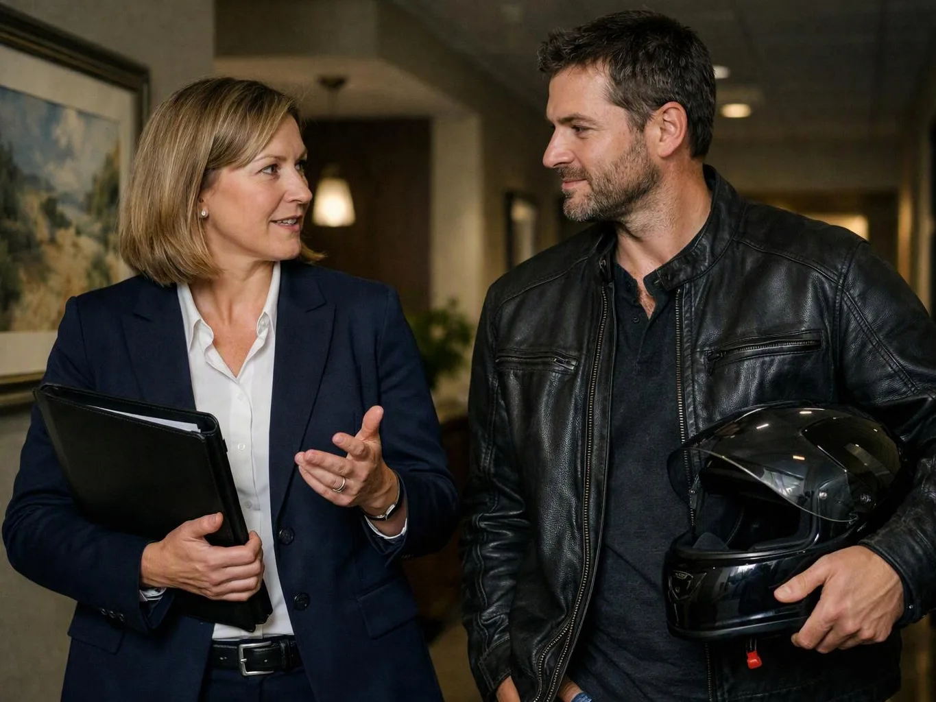 A woman in a navy blazer talks with a man holding a black helmet in a hallway