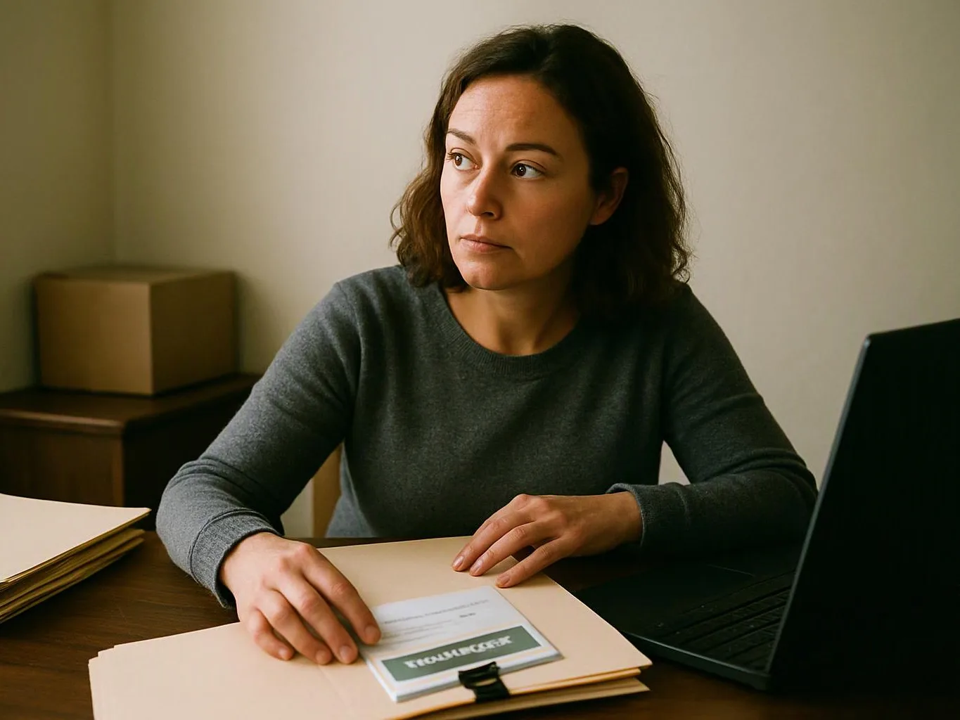 A woman sits at a table, holding a folder beside a laptop in a quiet room