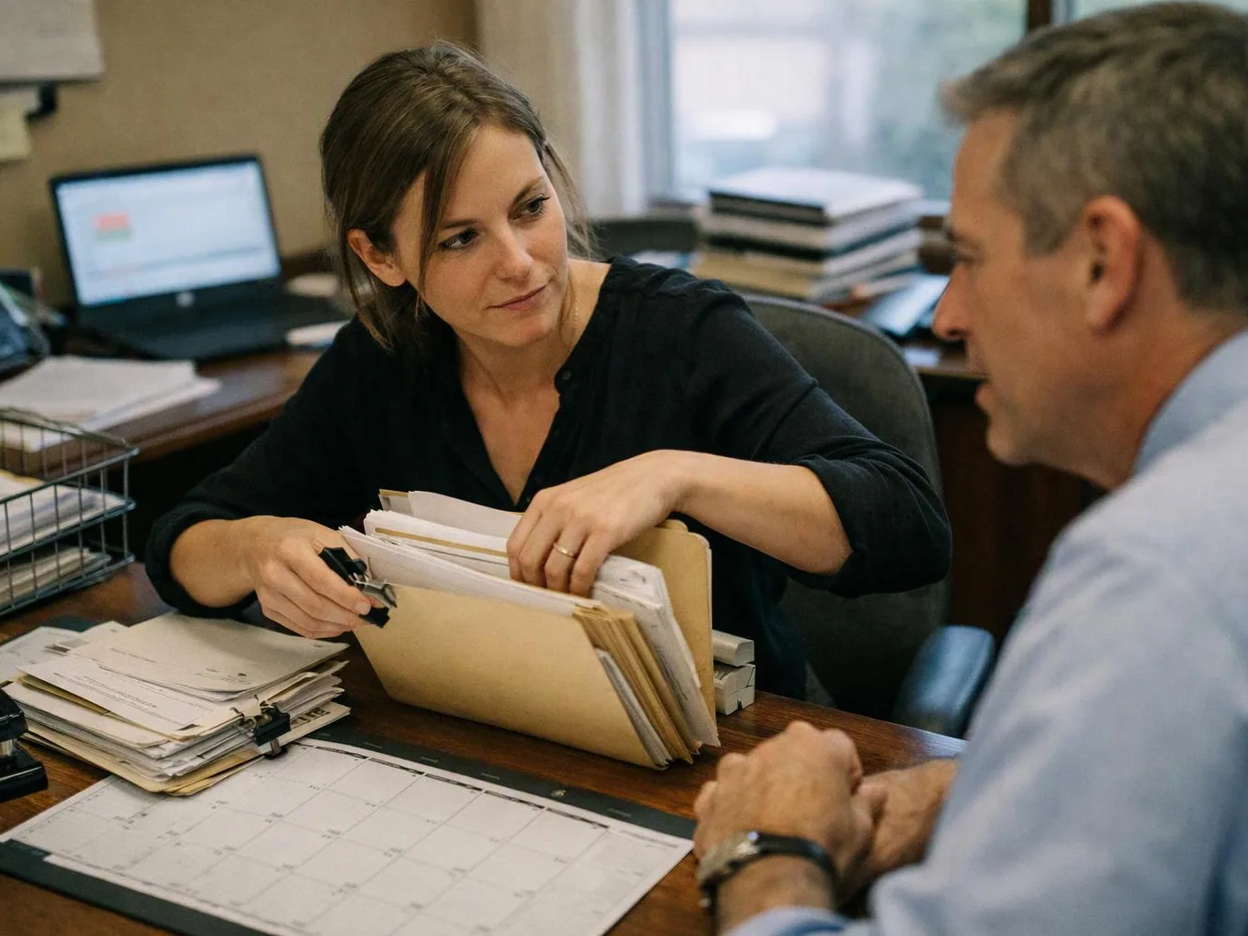 A woman sorts papers in a file folder while talking with a man across an office desk