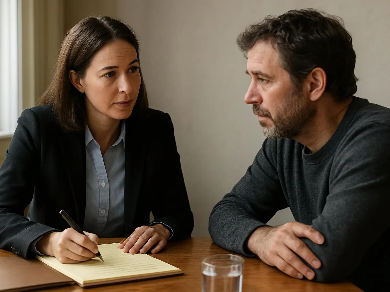 A woman takes notes while speaking to a man across a table in a plain room