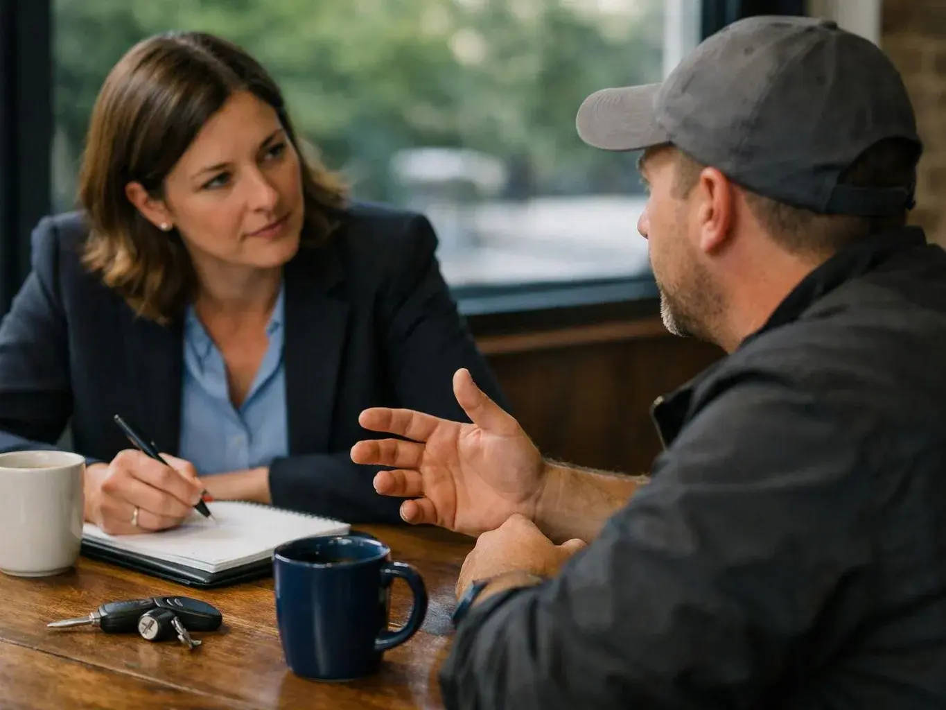 A woman takes notes while speaking with a man across a wooden table in a bright room