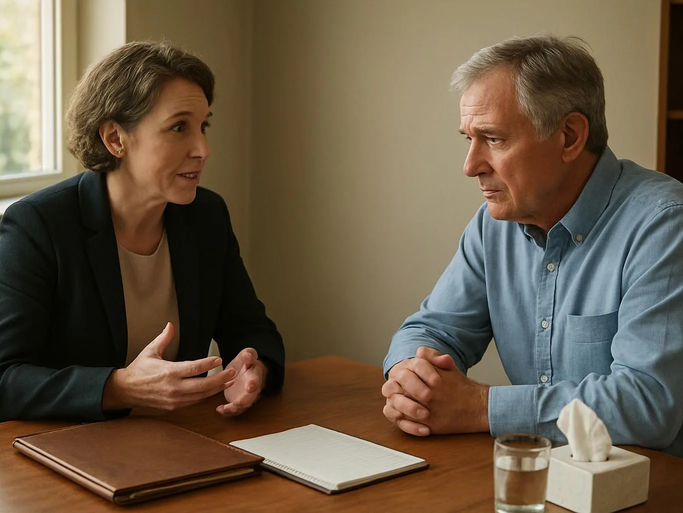 A woman talks with an older man across a table, with a notebook, tissue box, and glass of water nearby