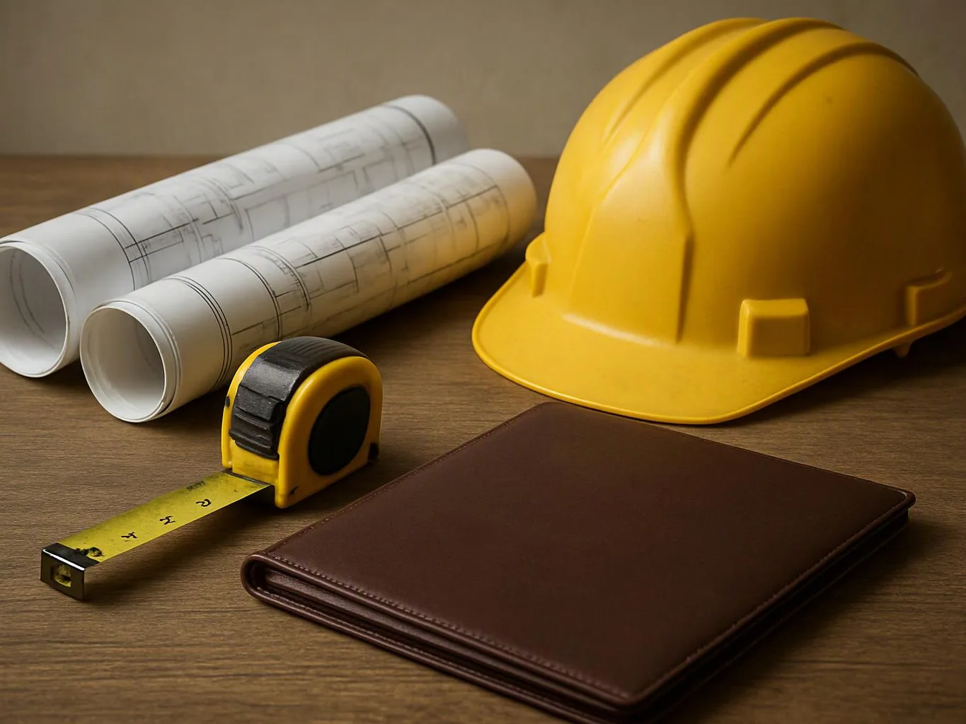 A yellow hard hat, rolled blueprints, a tape measure, and a brown notebook rest on a wooden table